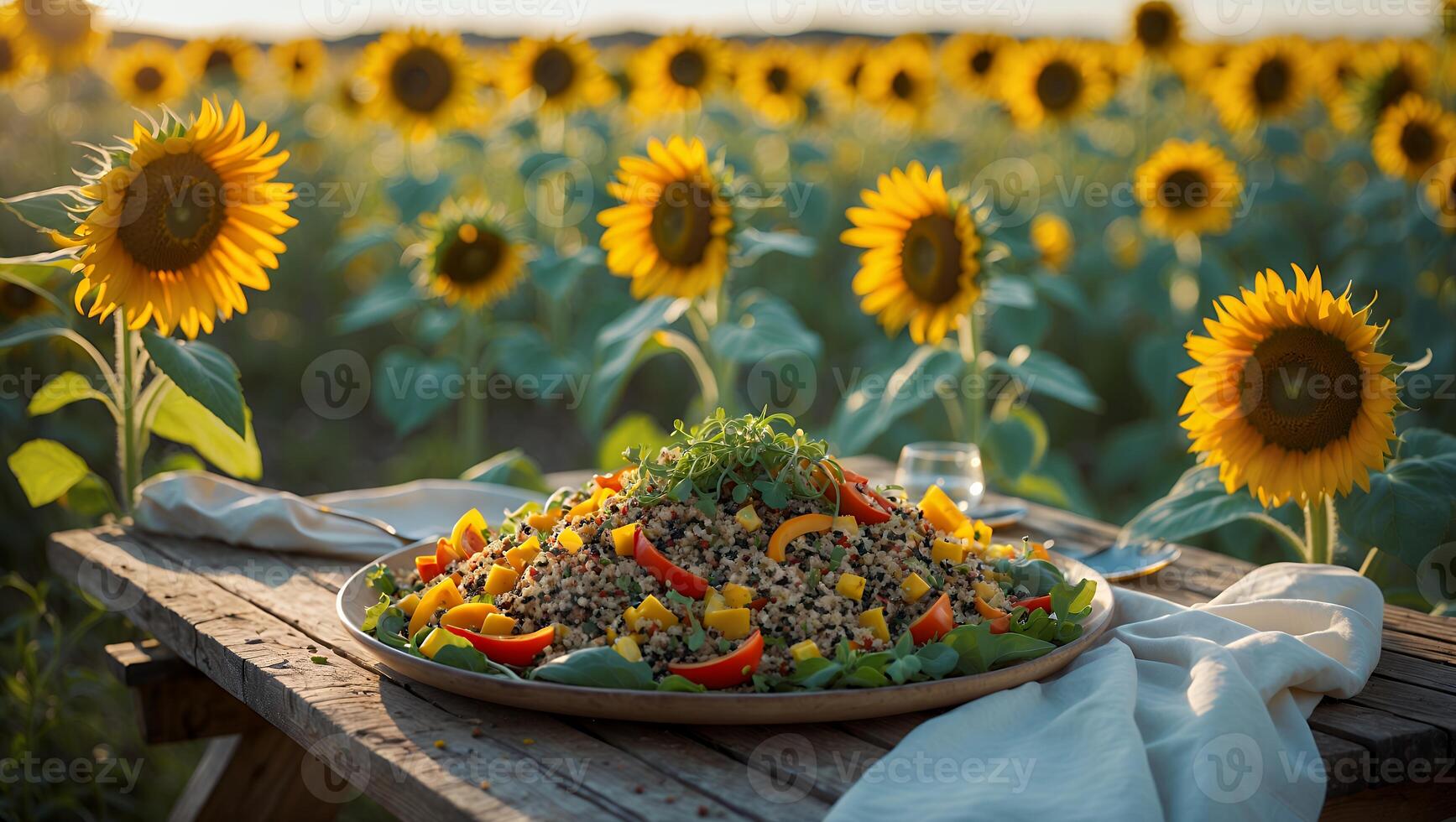 Grain Salad Displayed on Wooden Table Within a Sunflower Field photo