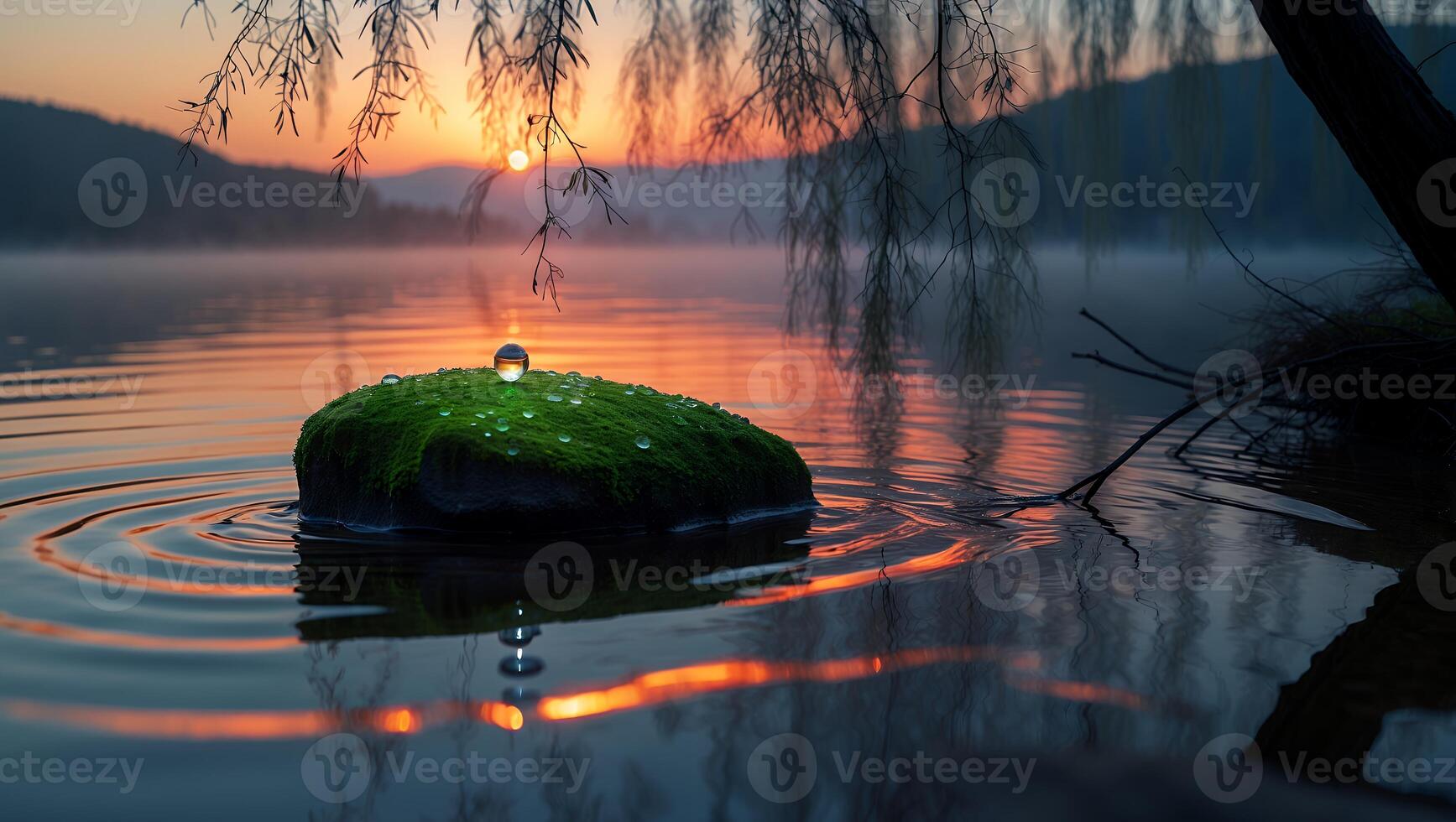 Water Droplet Falling on Mossy Rock in Lake at Sunrise photo