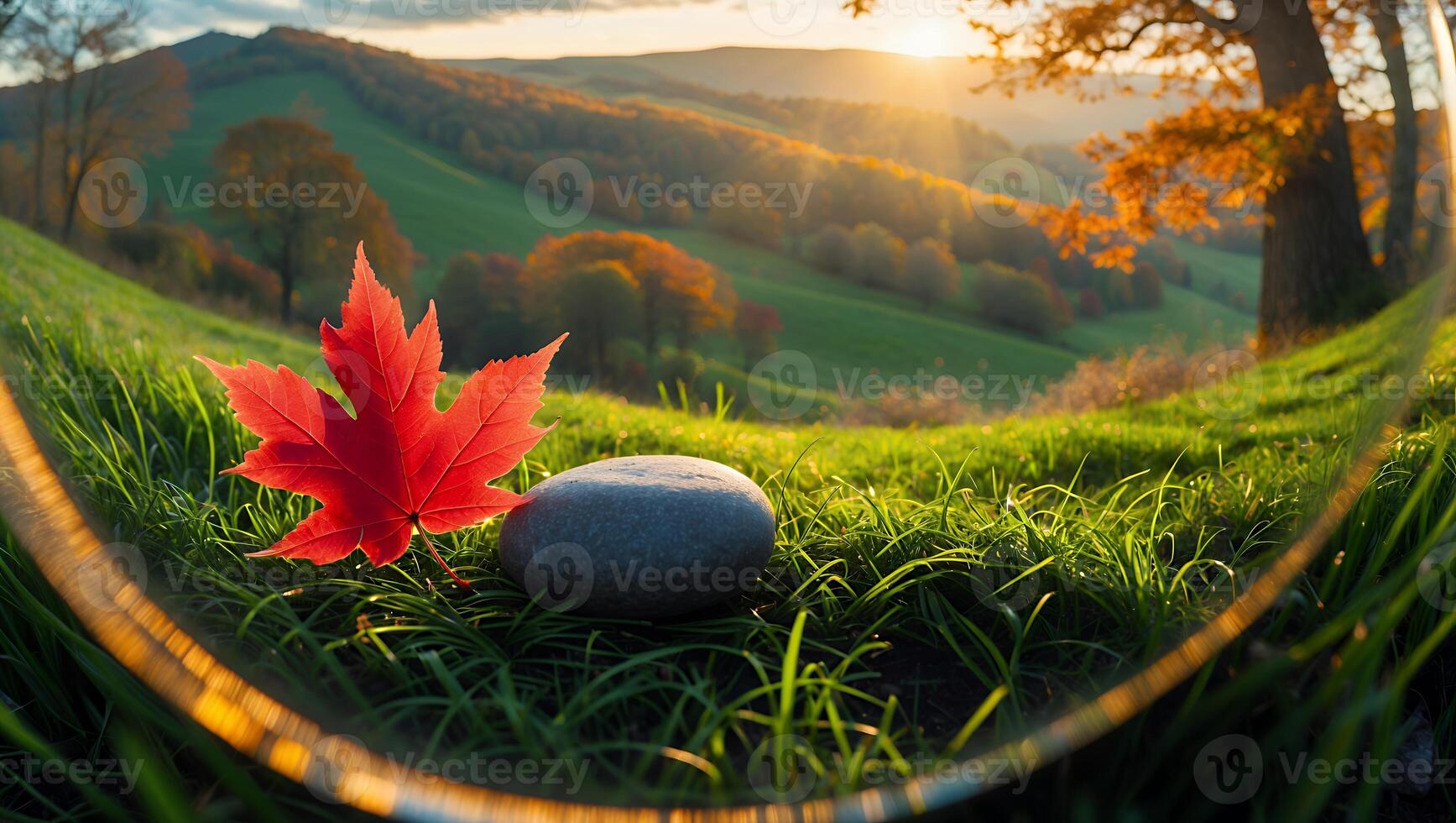 Red Maple Leaf and Stone in a Grassy Autumn Landscape photo