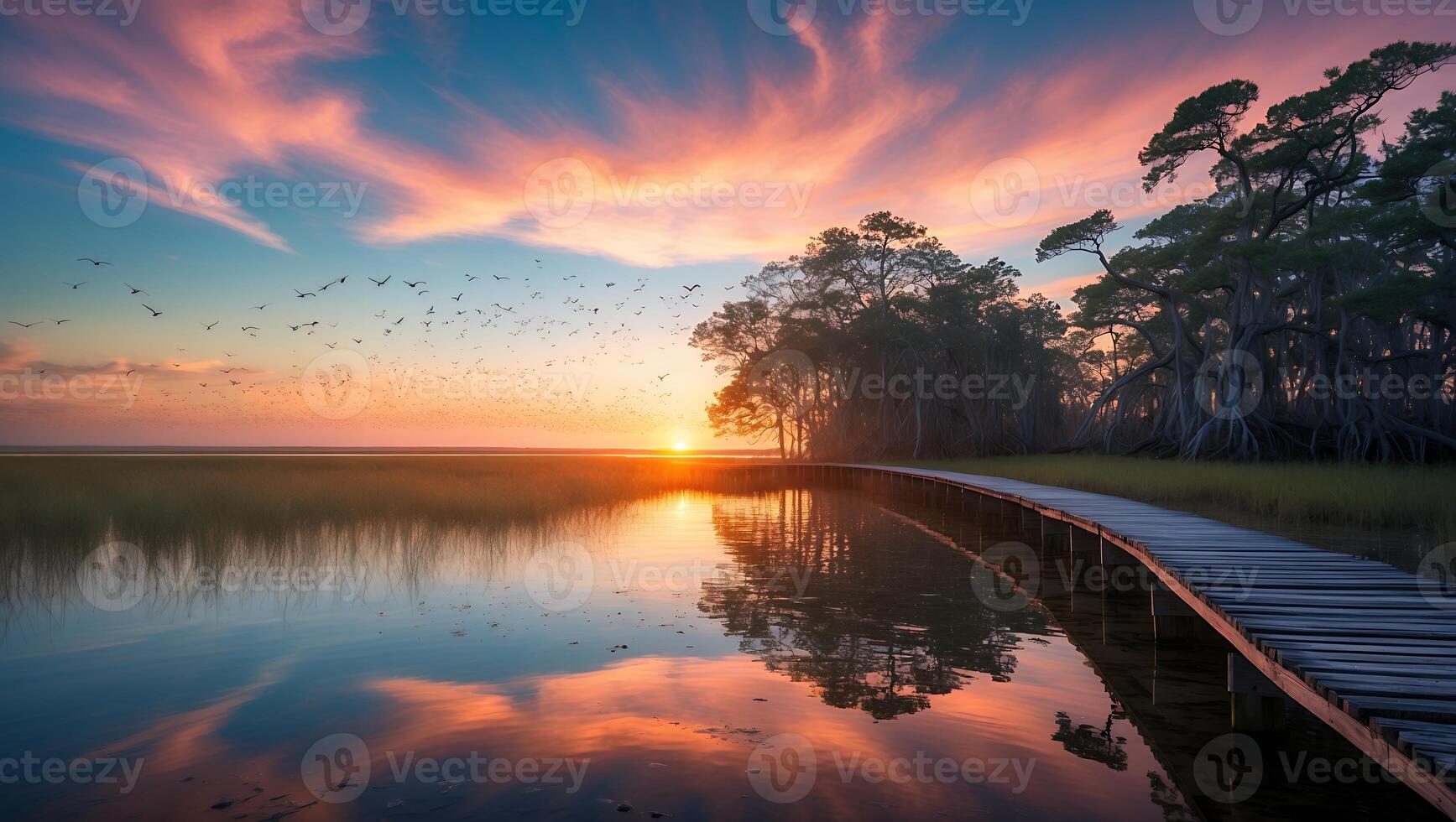 Sunset Reflection Over Calm Lake with Wooden Path and Flying Birds photo