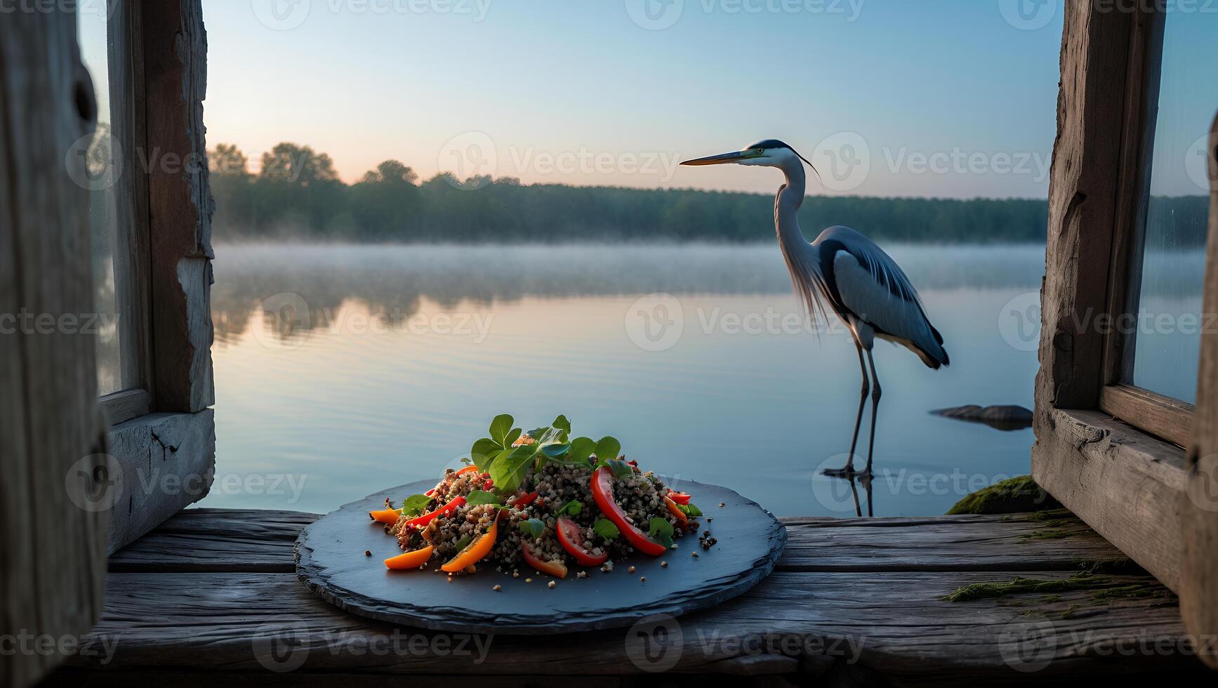 Lake View with Salad and a Heron Bird in the Water photo