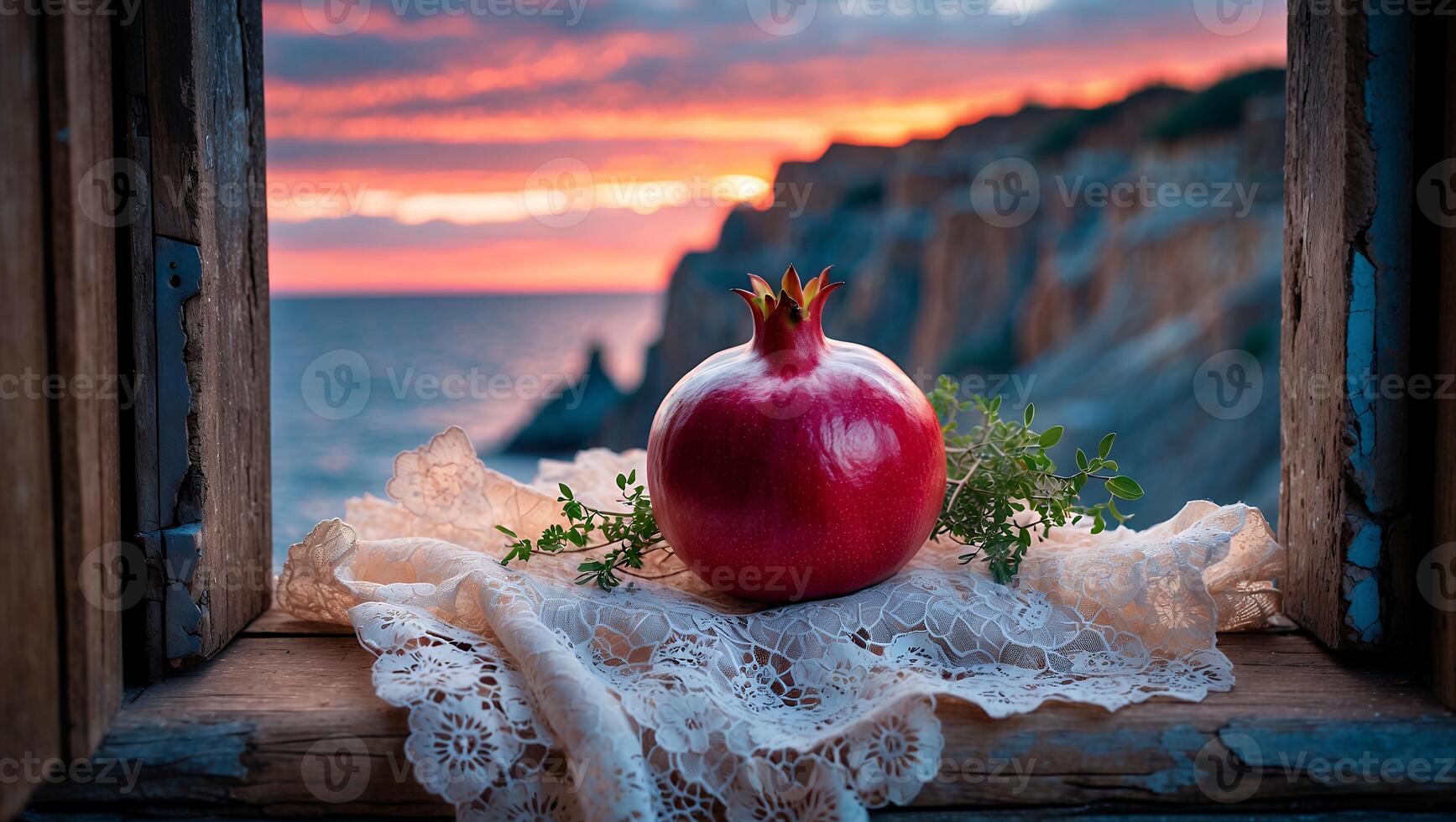 Pomegranate on Window Sill with Lace Overlooking Ocean Sunset View photo