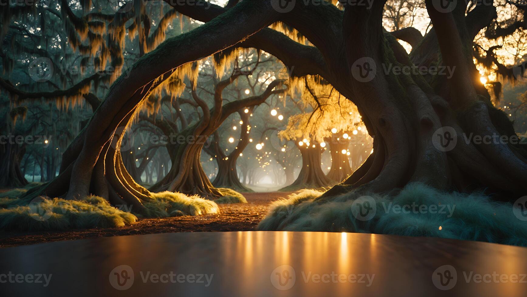 Walking Path Through Glowing Trees with Spanish Moss and Reflections photo