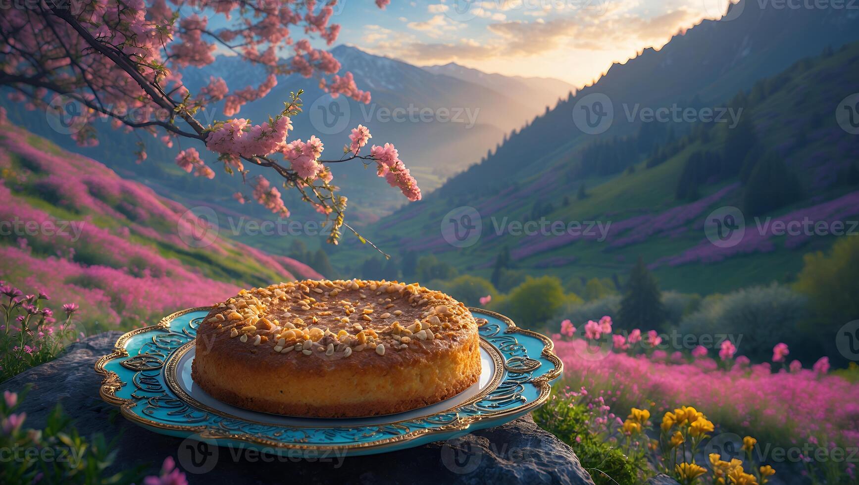 Delicious Cake on Decorative Plate with Mountain and Wildflower Landscape photo