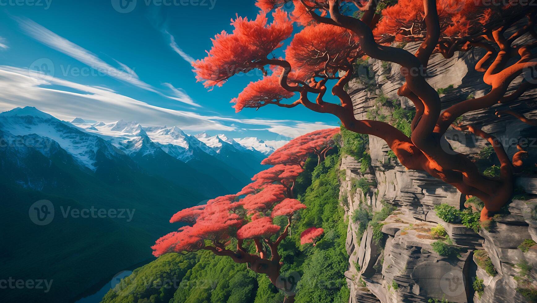Red Tree on Cliff Overlooking Mountains and Valley Landscape View photo