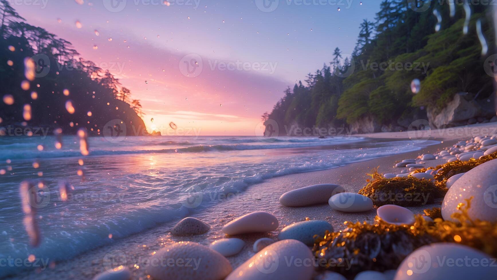 Relaxing Ocean View at Sunset with Stones and Forest photo