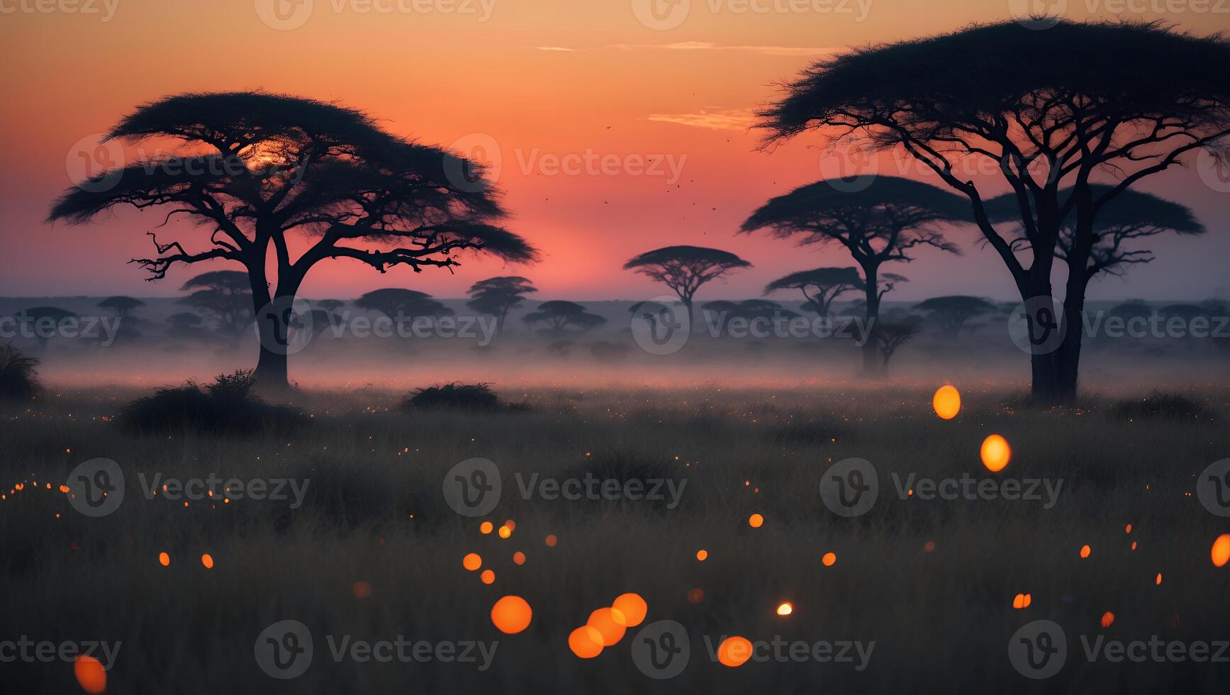African Acacia Trees Silhouette at Sunset with Foggy Landscape Scenery photo
