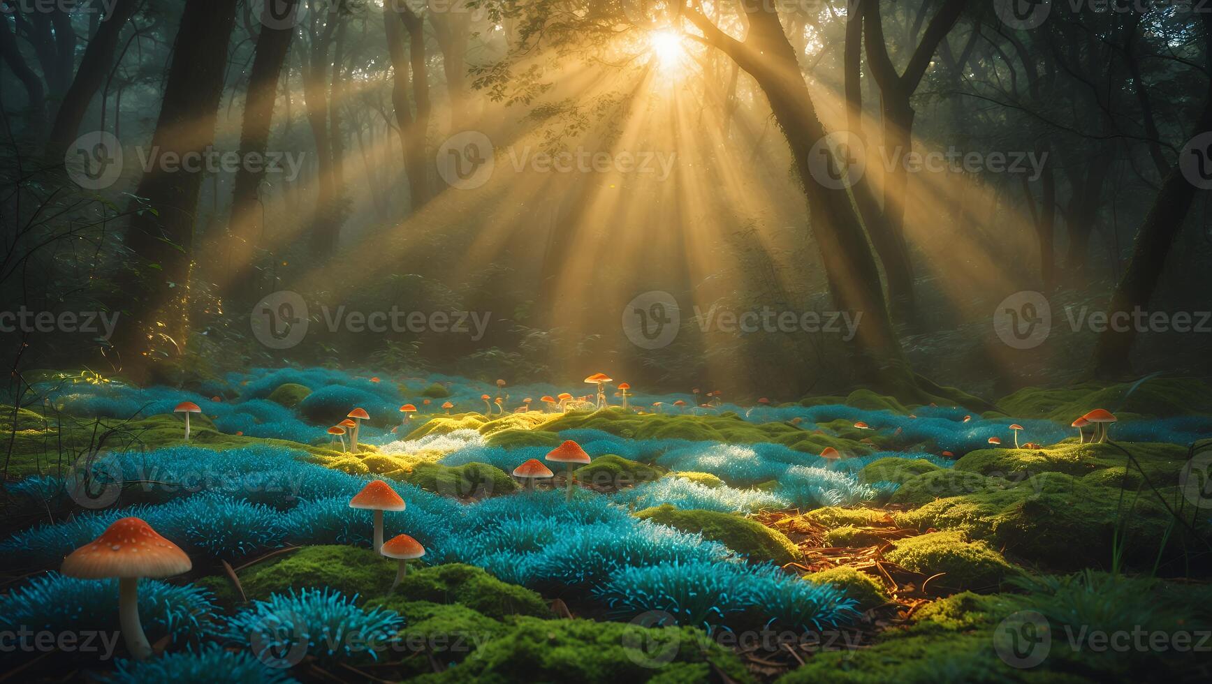 Sunlight Streaming Through Forest Canopy Illuminating Mushrooms and Mossy Ground photo