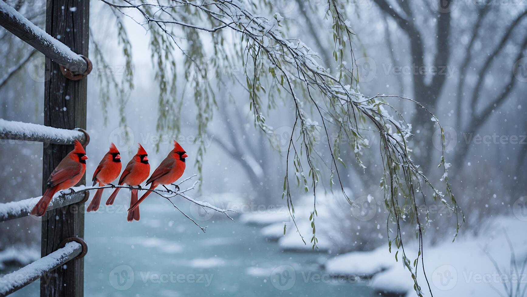 Cardinals Perched on Branch in Winter Snowfall by Frozen River photo