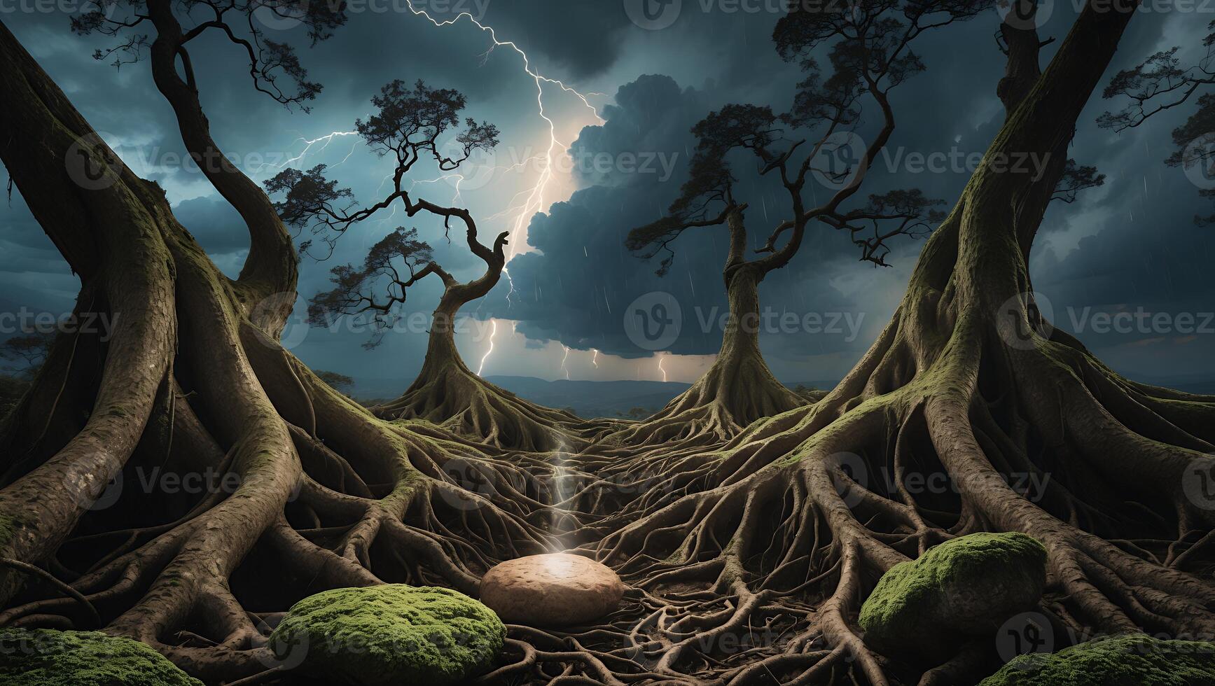 Dramatic Landscape with Ancient Trees, Twisted Roots, Lightning and Moss photo