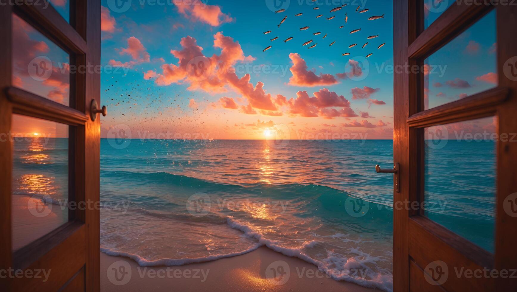 Open Window View of Ocean at Sunset with Colorful Clouds photo