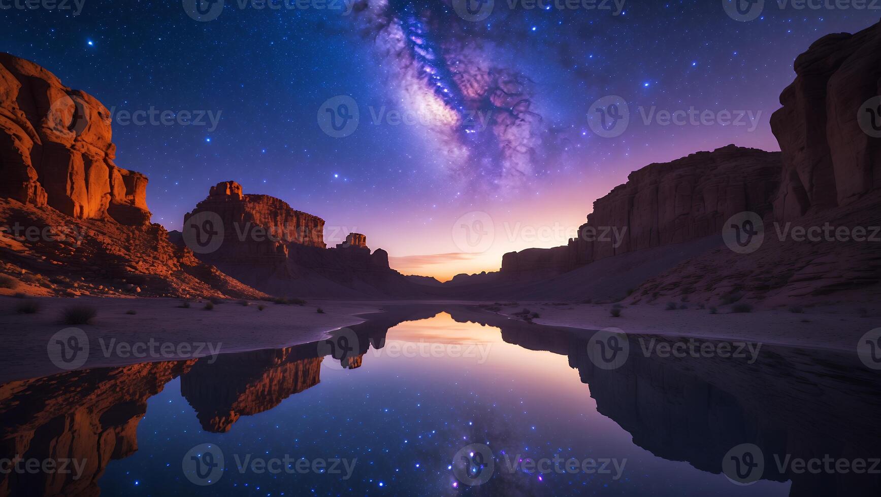 Reflecting Galaxy and Night Sky Over Still Desert Lake Water photo