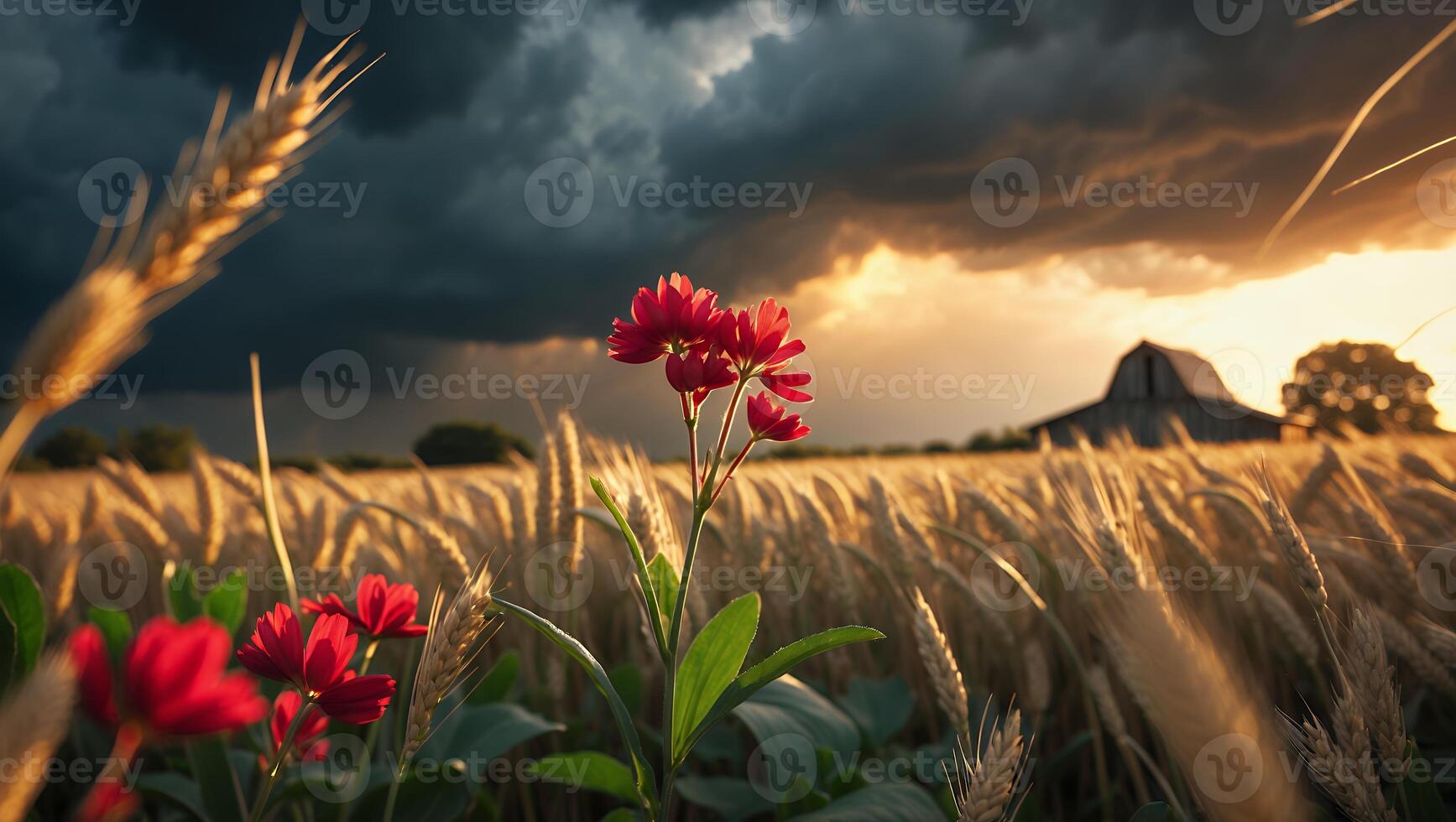 Red Flowers in Wheat Field with Dramatic Sky and Golden Light photo