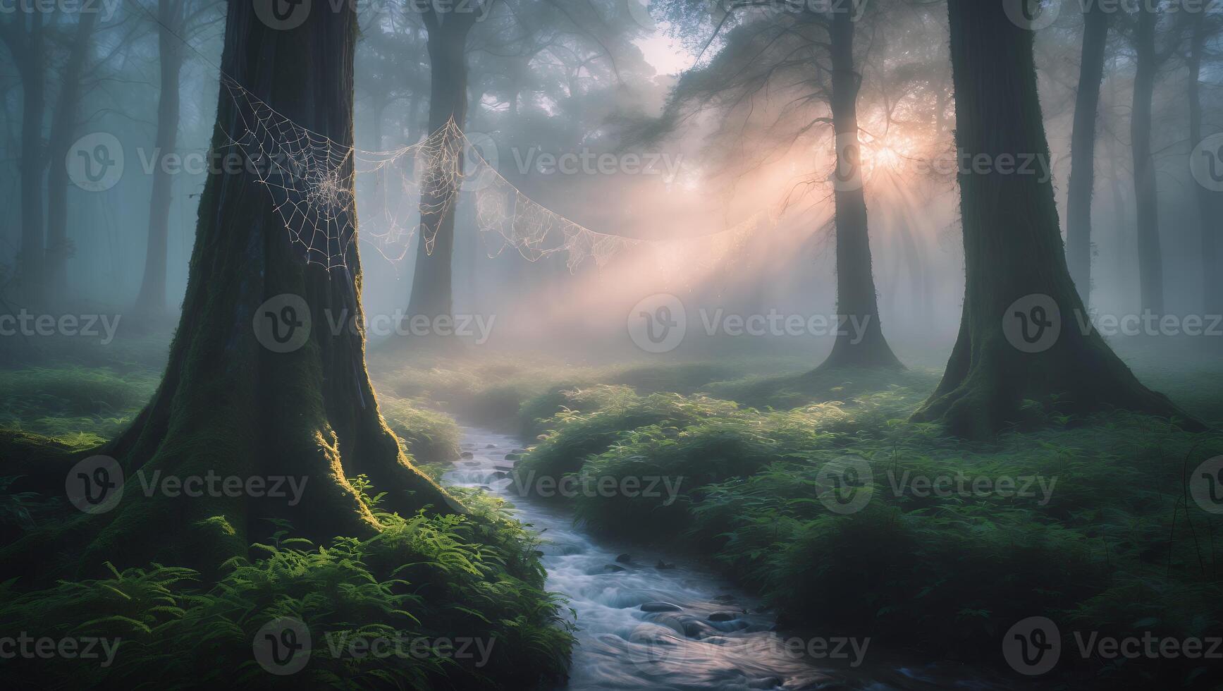 Stream Flowing Through Misty Forest with Sunlight and Cobweb Scenery photo