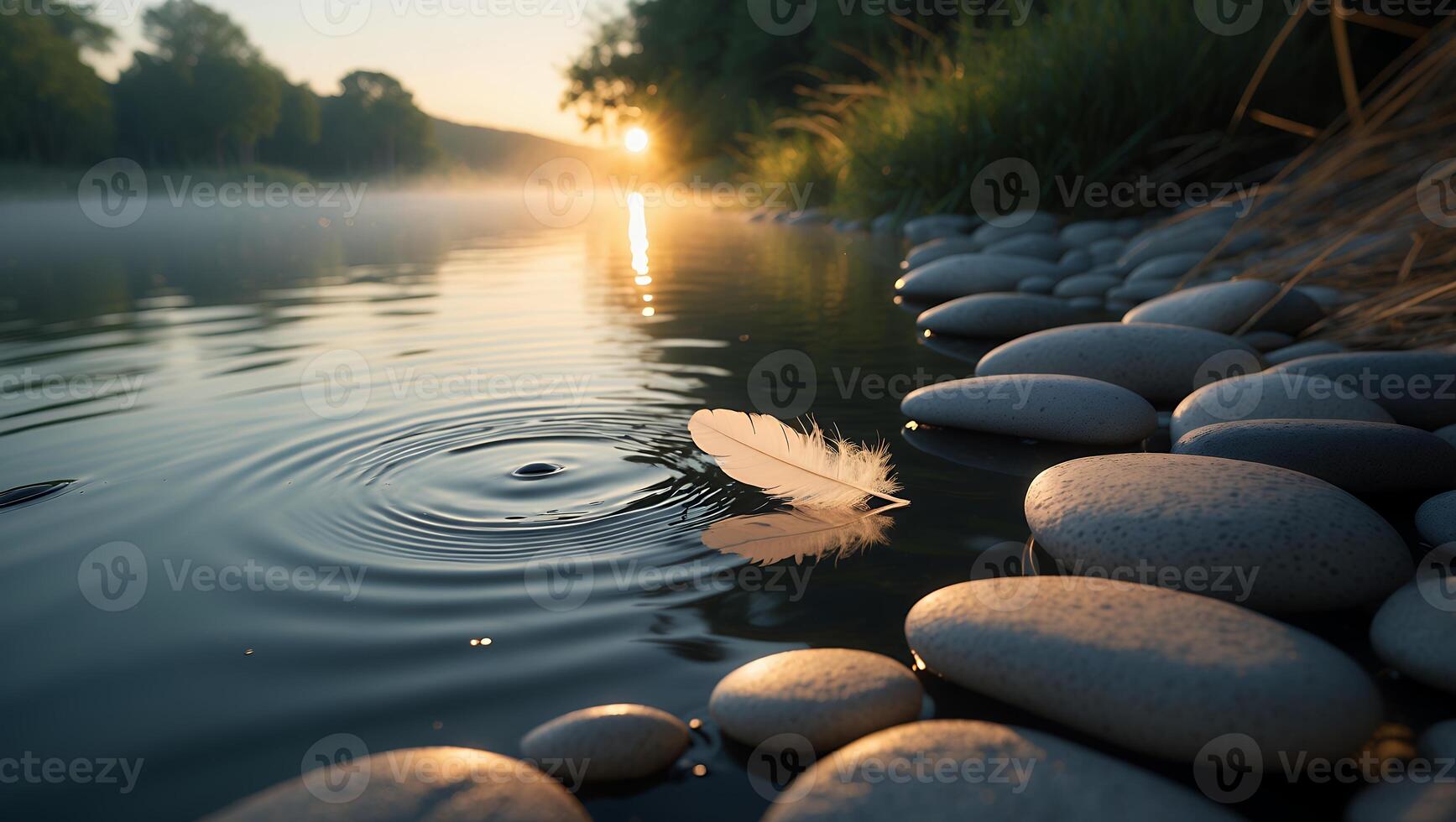 Feather Floating on Calm Water with Ripple Effect at Sunrise photo