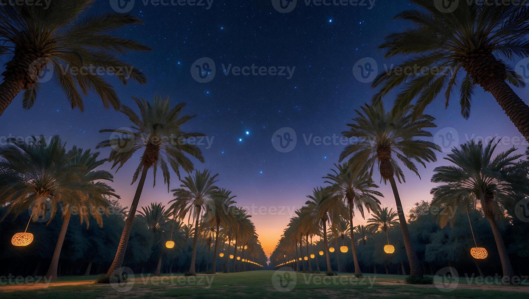 Palm Tree Lined Pathway with Hanging Lights at Night Under Stars photo