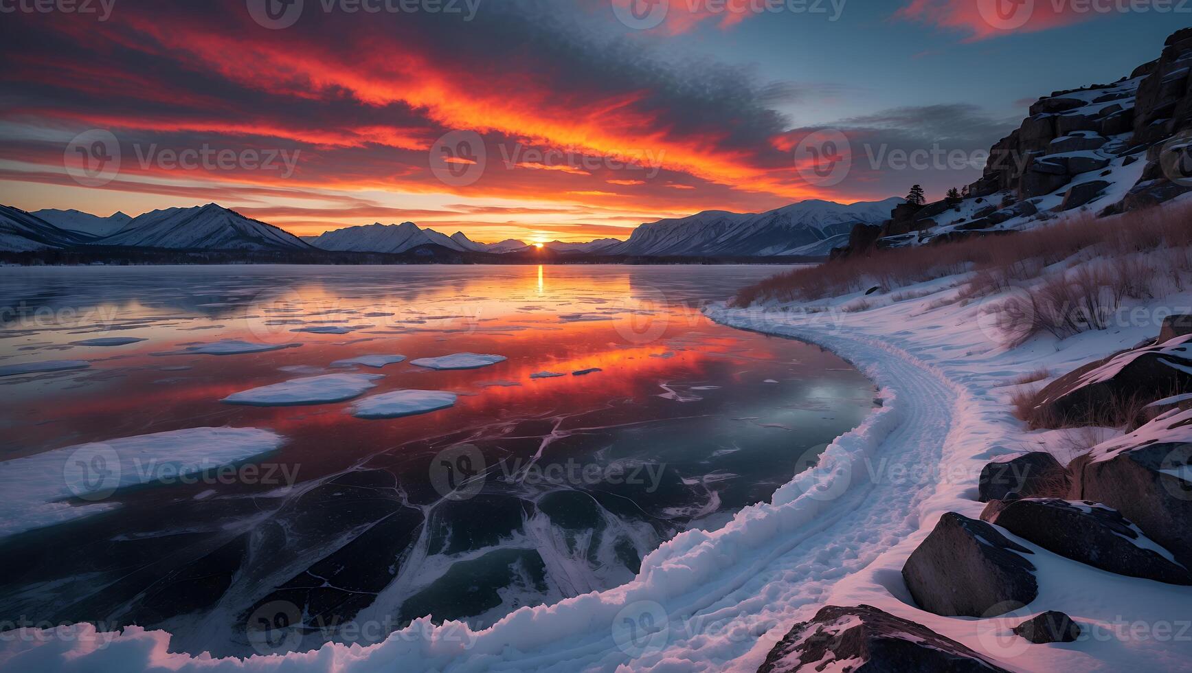 Icy Lake Reflecting Dramatic Sunset Sky in Winter Landscape photo