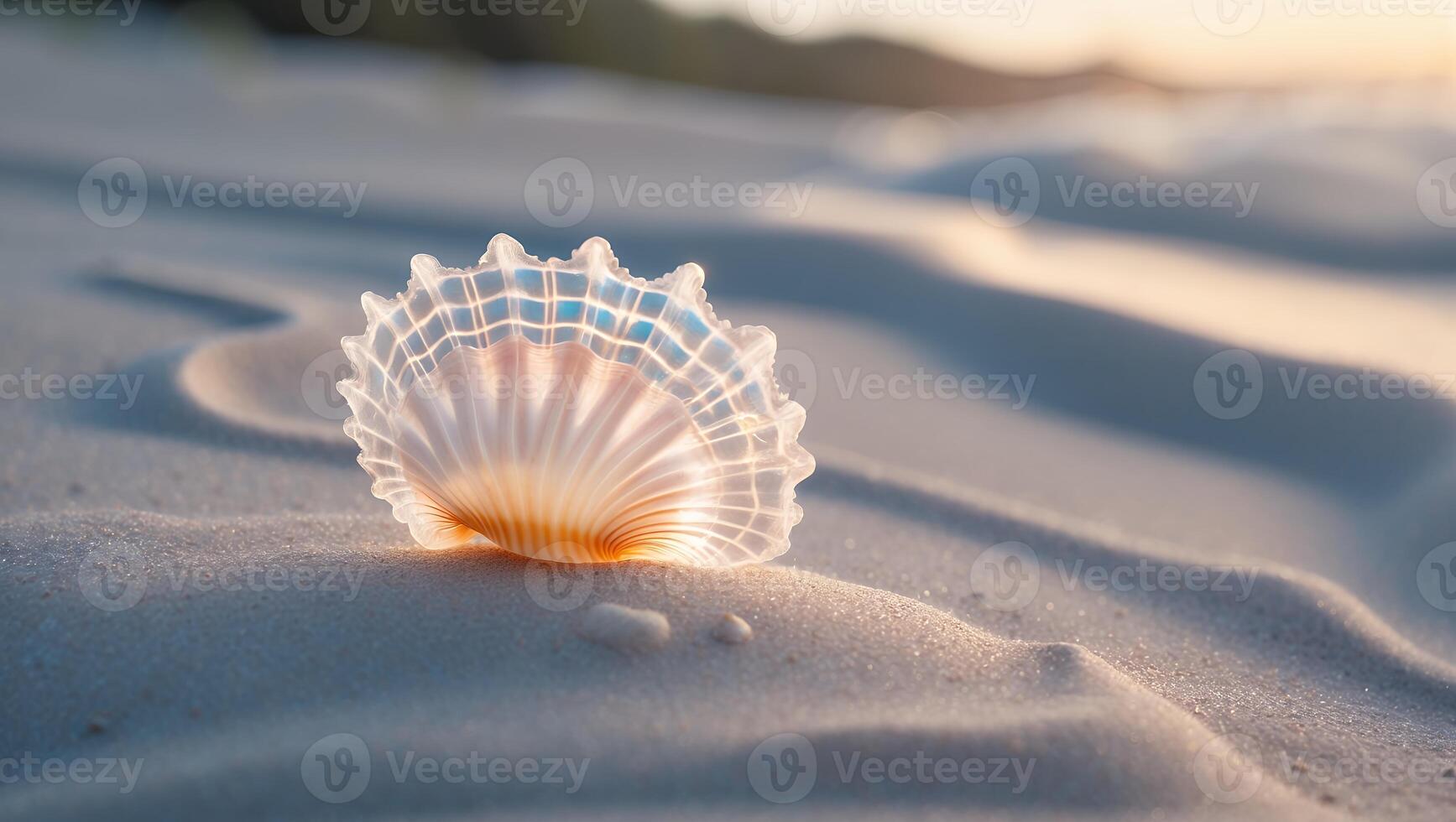 Seashell Resting on Sandy Beach at Sunset with Warm Light photo