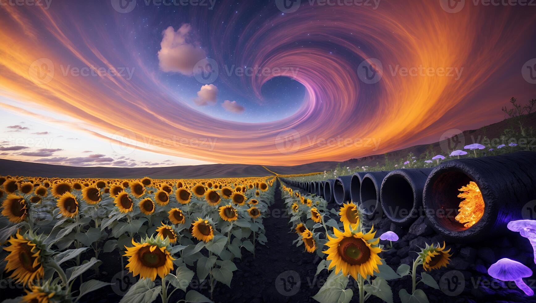 Sunflower Field Meets Surreal Sky with Pipes and Glowing Mushrooms photo