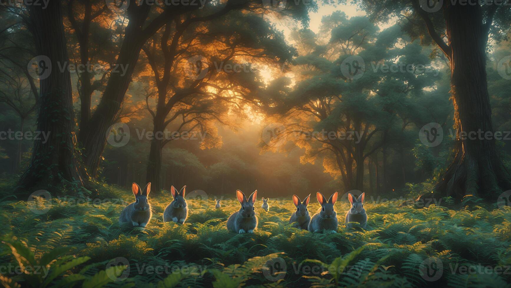 Rabbits Gather in Forest Glade with Glowing Light and Ferns photo