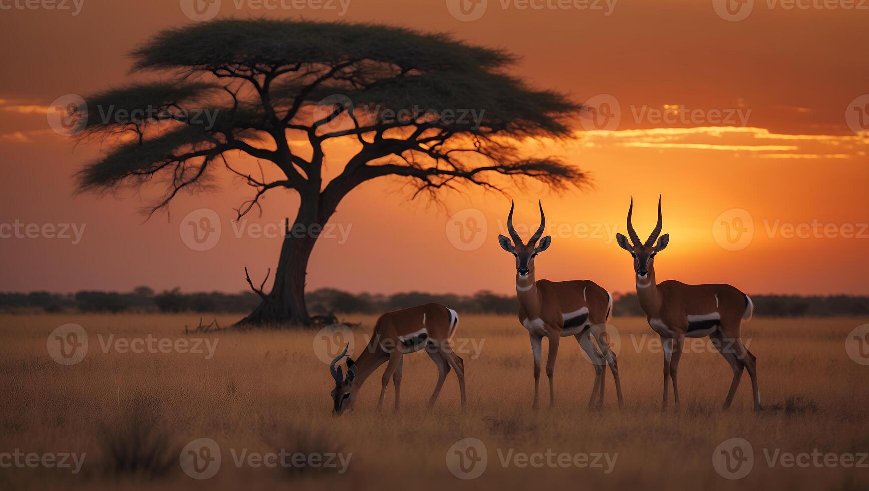 Gazelles Grazing Under a Tree Silhouette During a Vibrant Sunset photo