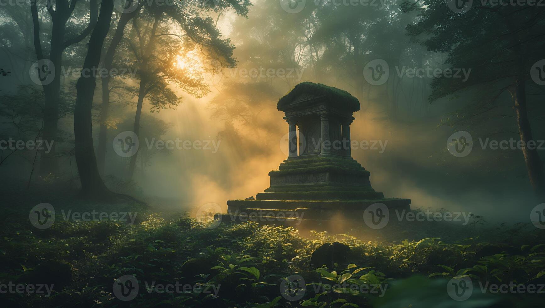 Ancient Structure in Mystical Forest with Sun Rays Shining Through photo