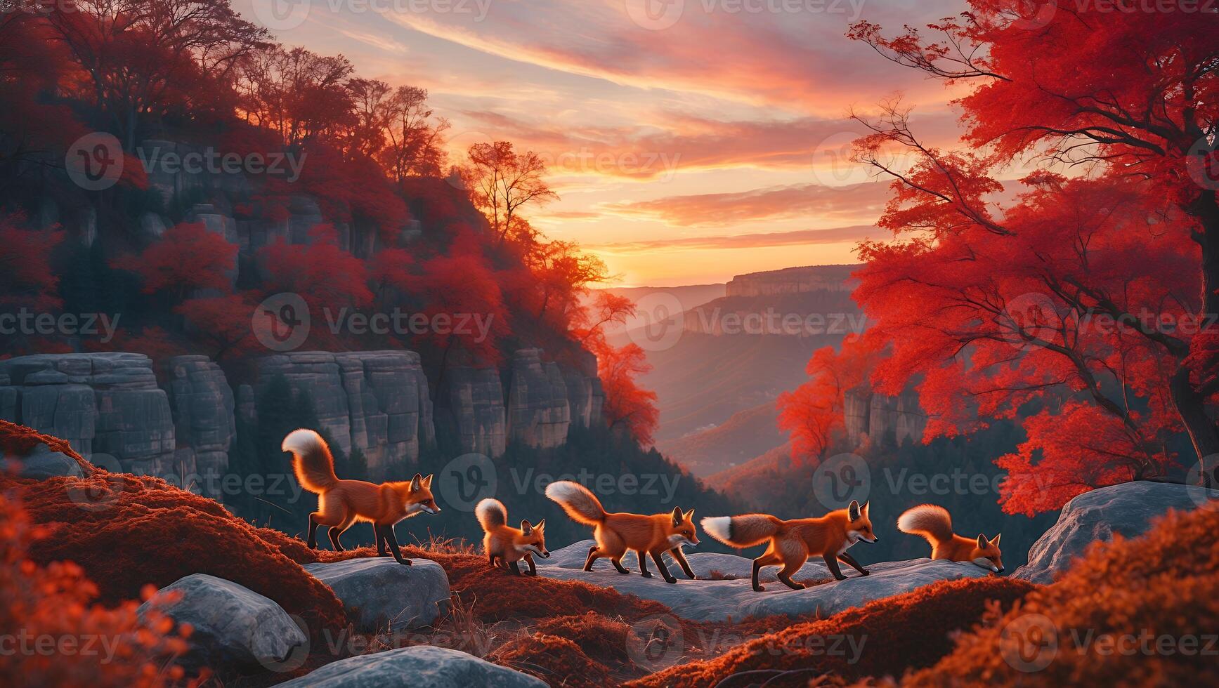 Fox Family Hiking in an Autumn Landscape with Vibrant Sunset Colors photo