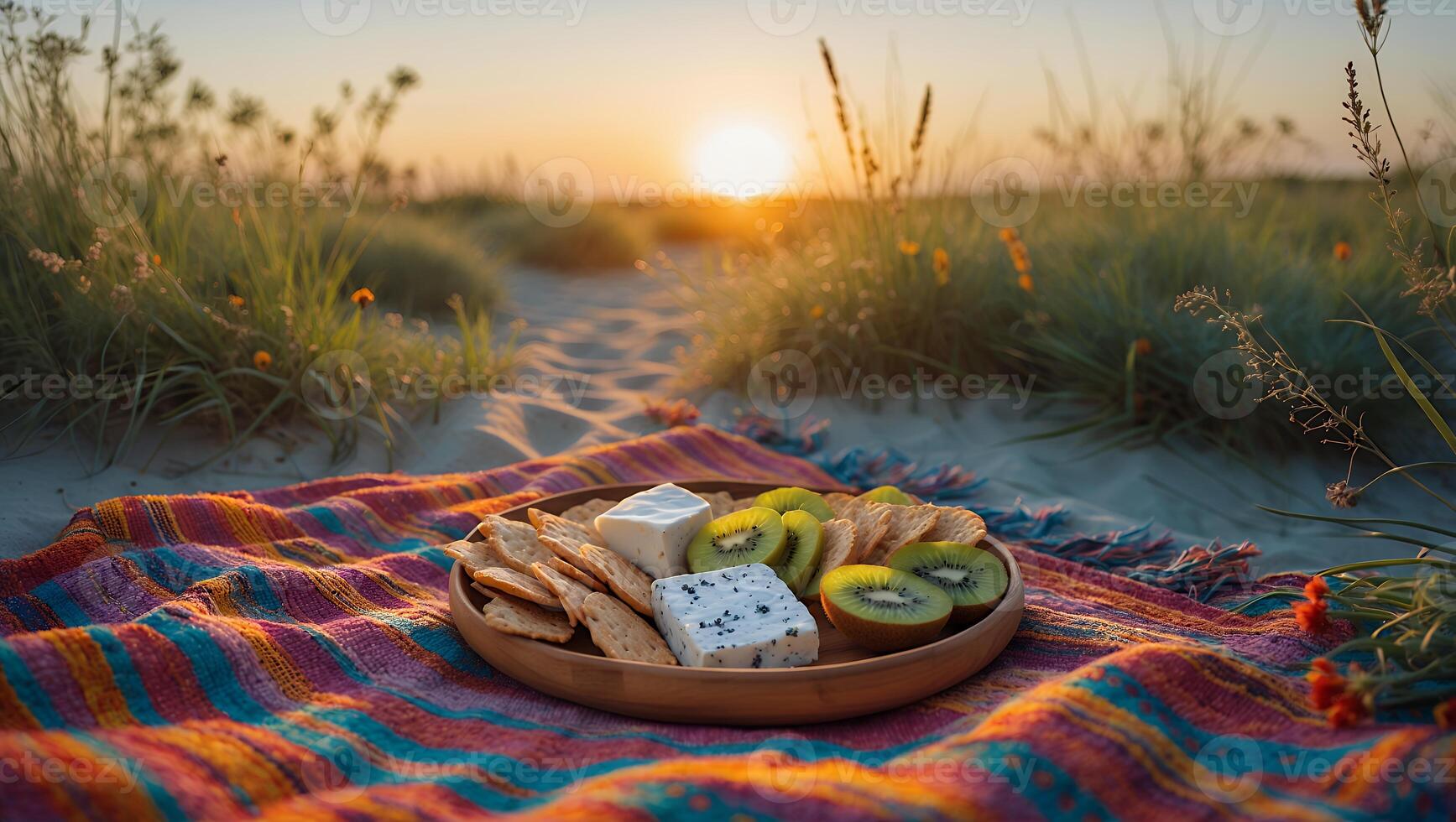 Beach Picnic with Cheese, Kiwi, and Crackers at Sunset photo