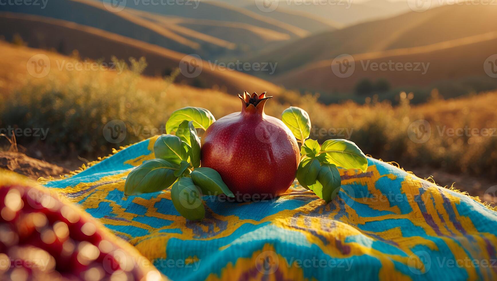 Pomegranate and Basil on Colorful Cloth with Rolling Hills Backdrop photo