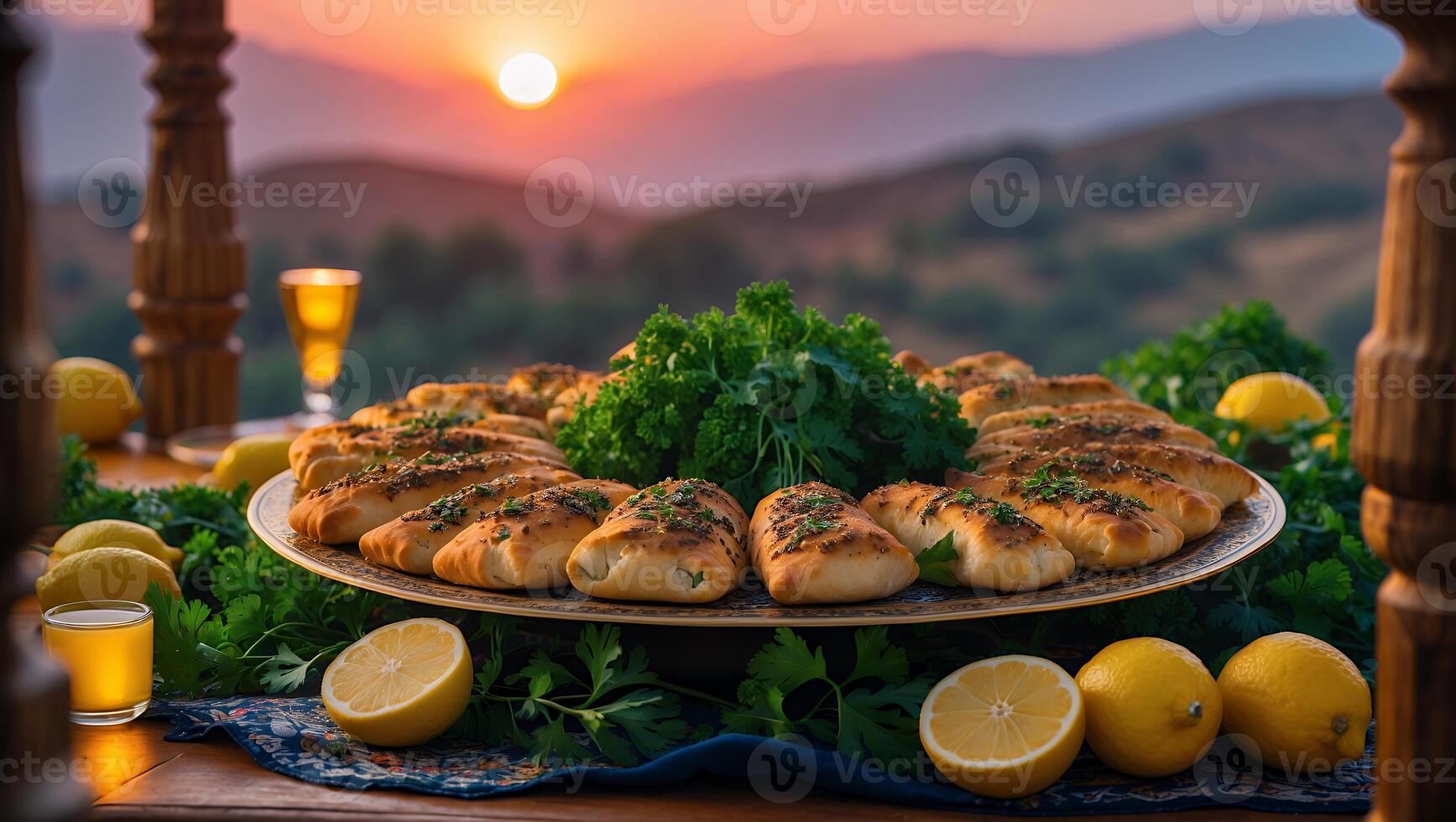 Savory Pastries Displayed with Lemons and Parsley at Sunset photo