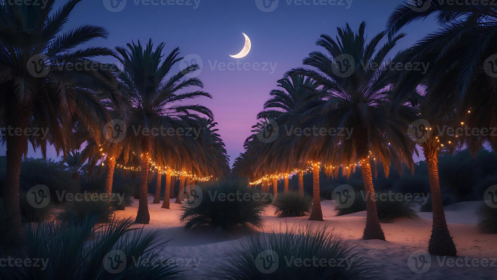 Palm Tree Grove at Night with Crescent Moon and Lights photo