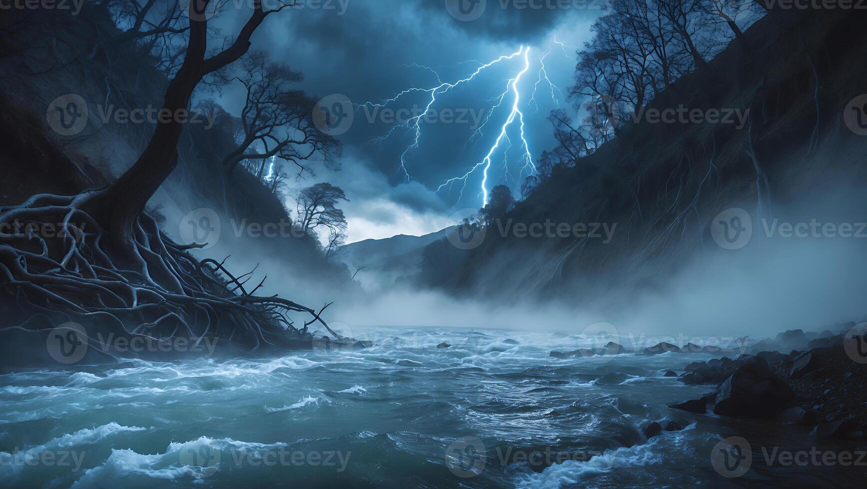 River Flowing Through Moody Landscape with Lightning and Bare Trees photo