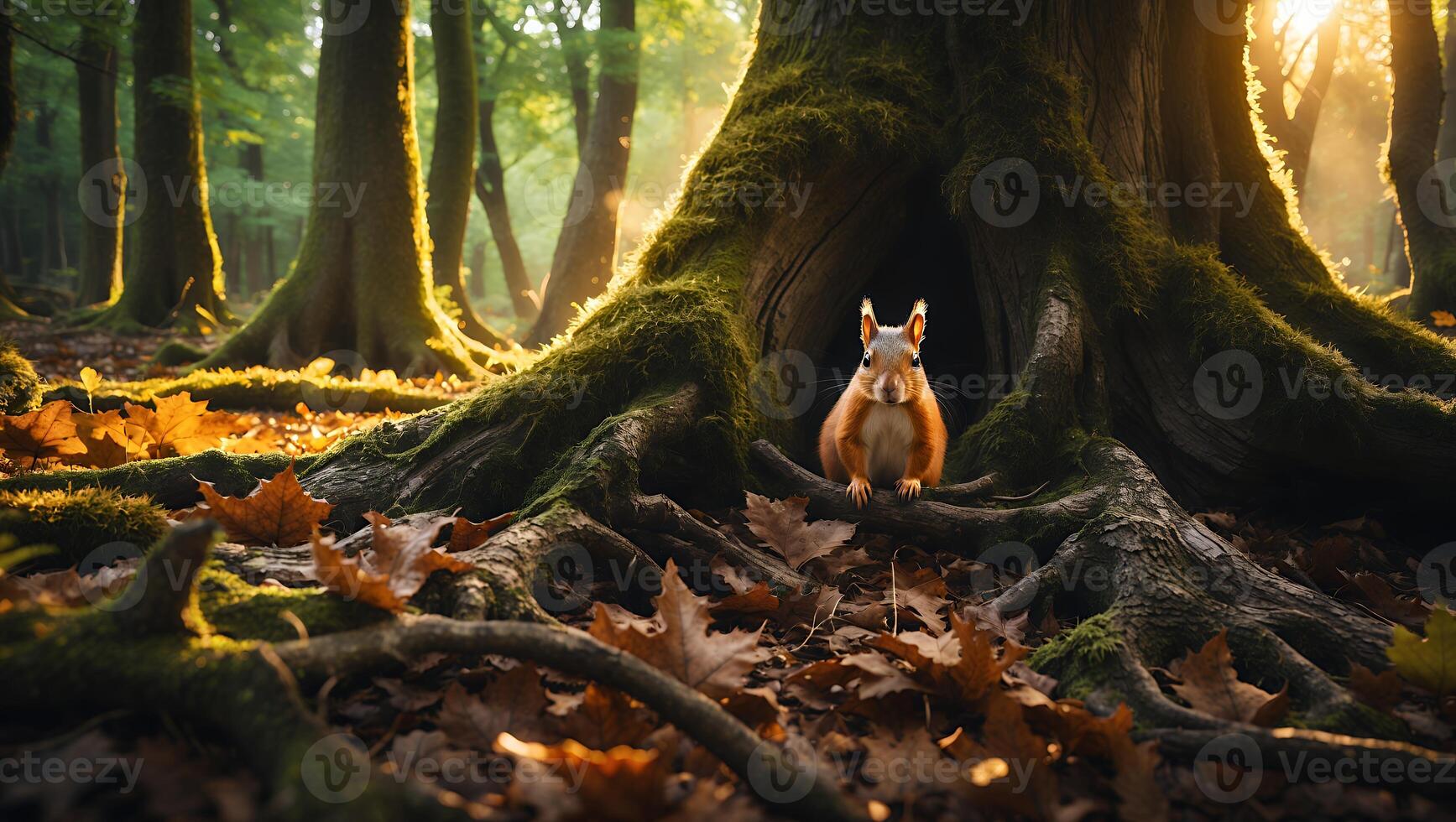 Squirrel Sitting Near Tree Root in Forest with Sunlight photo