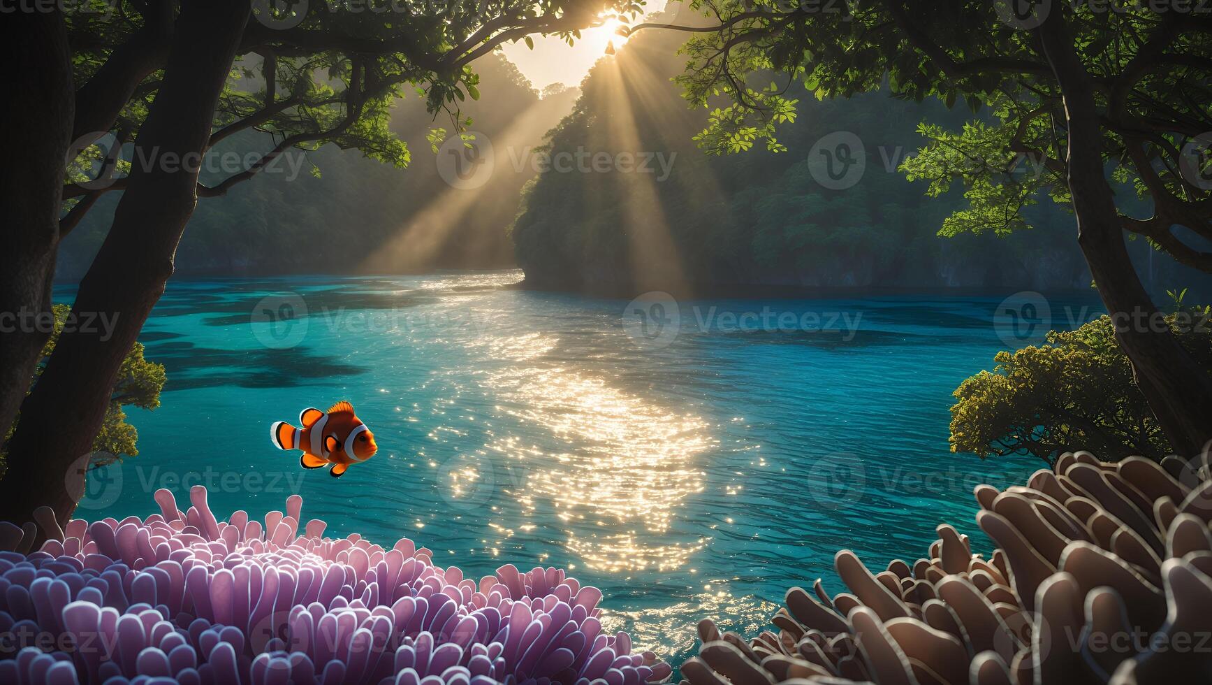 Clownfish Swimming in Tropical Water with Sun Rays Shining Through Trees photo