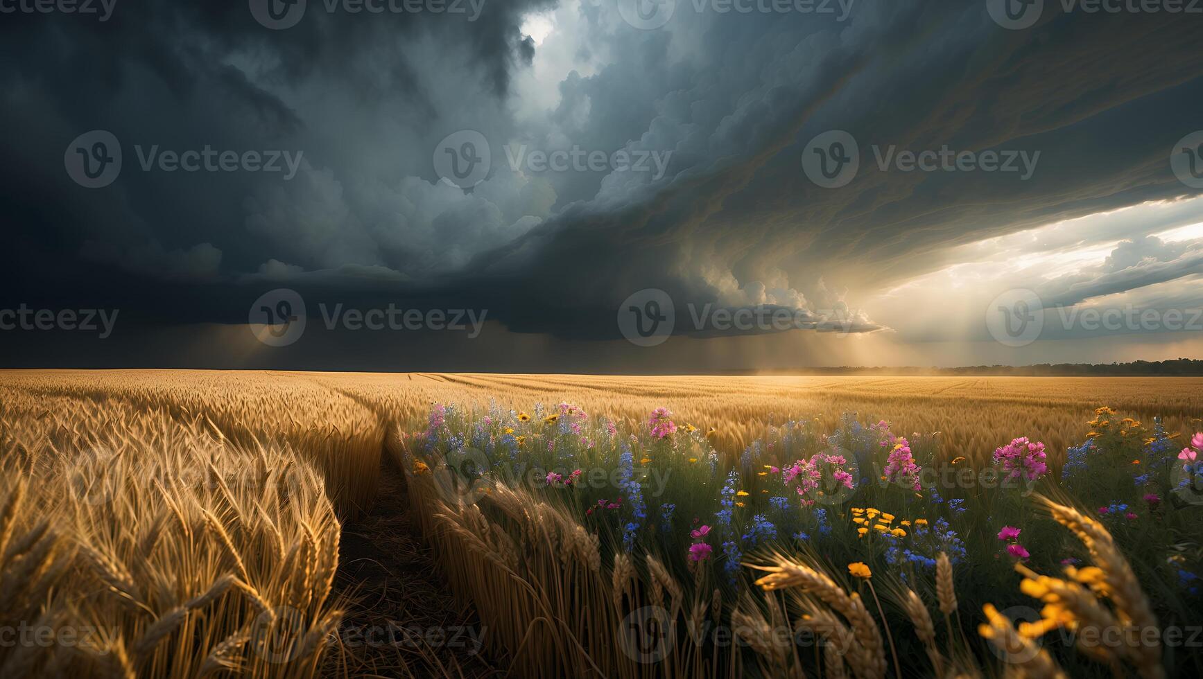 Golden Wheat Field with Wildflowers Under Dramatic Stormy Sky photo