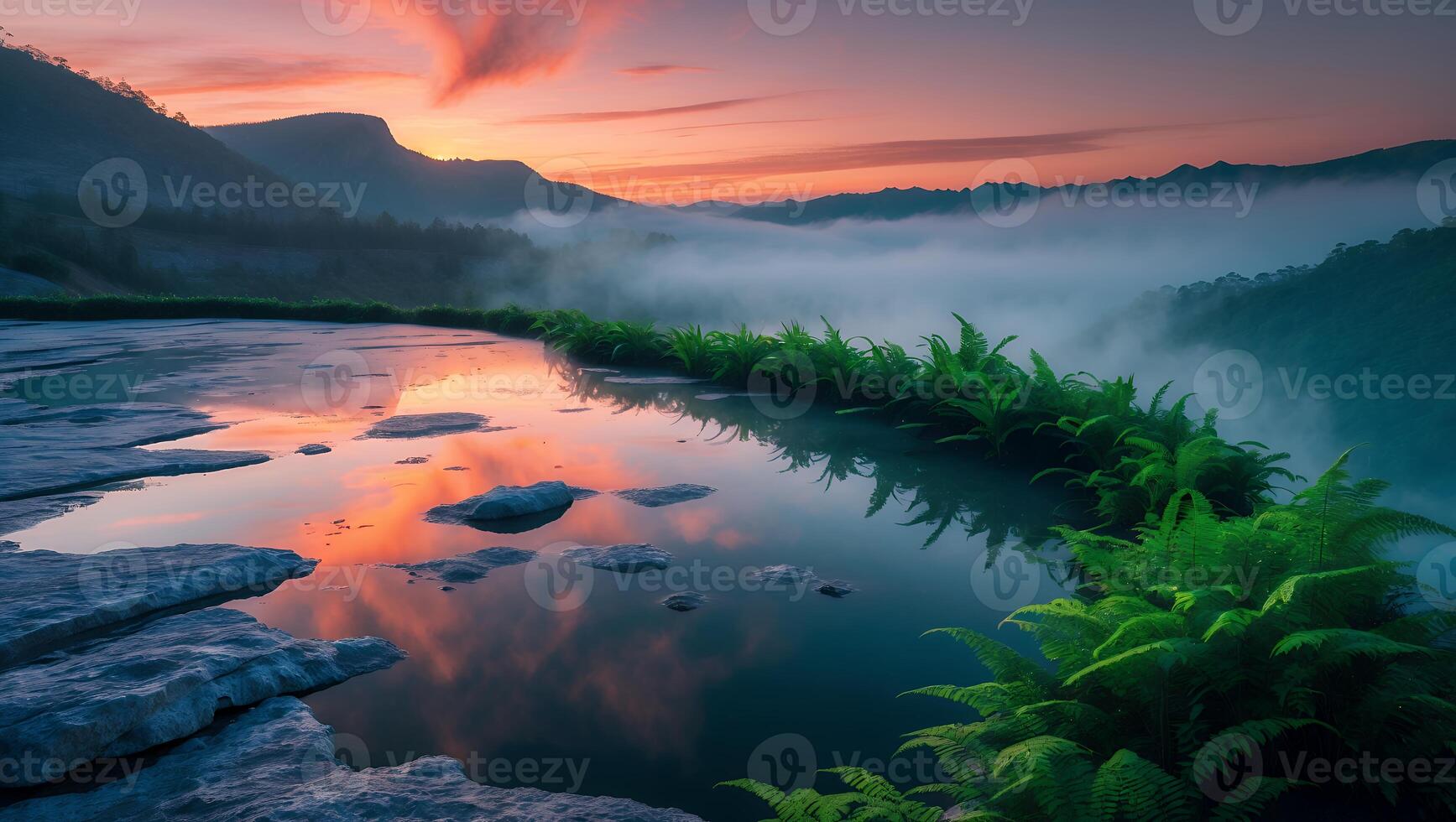 Reflecting Sunset Sky at Mountain Lake with Ferns and Mist photo