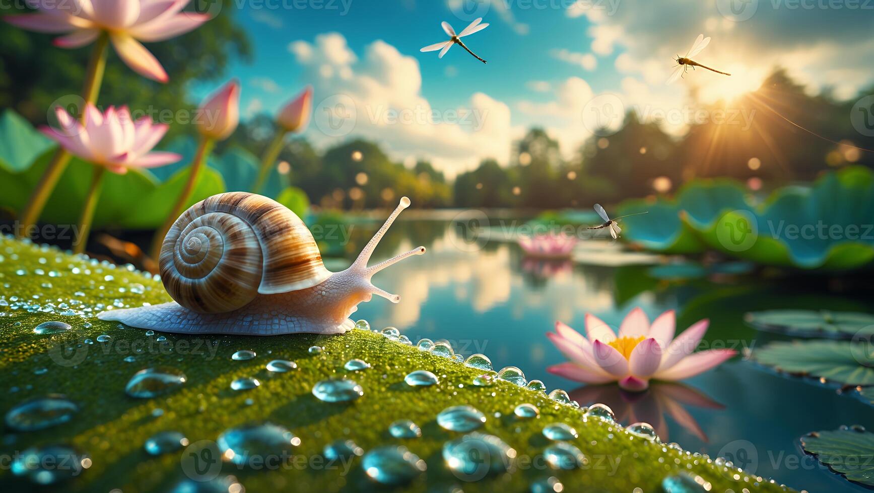 Snail on Dewy Leaf Near Pond with Water Lilies and Dragonflies photo