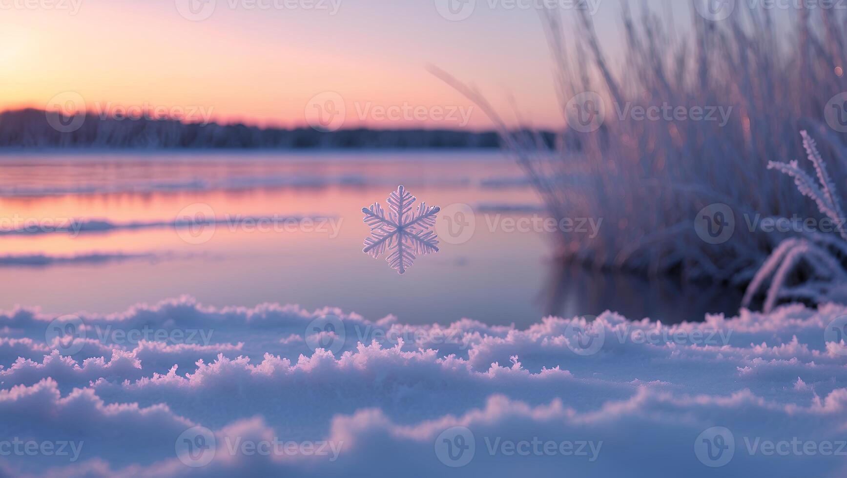 Snowflake Floating Over Frozen Lake at Sunset with Snowy Foreground photo