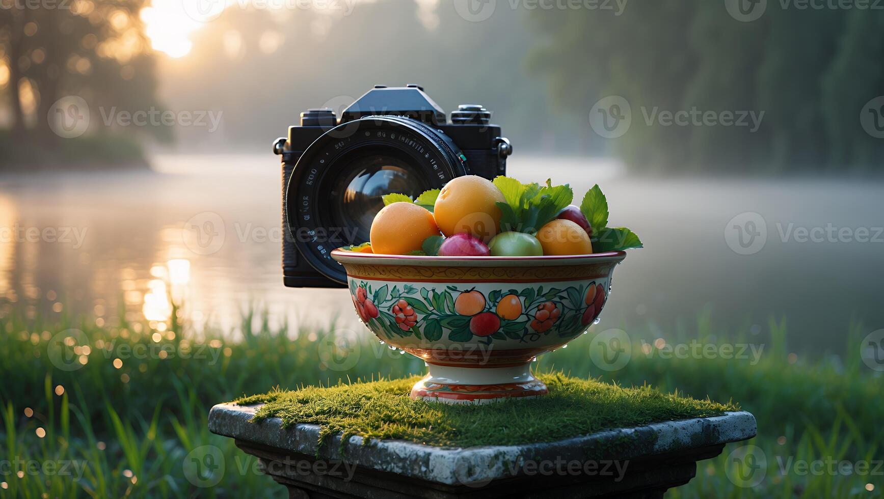 Camera and Fruit Bowl at Lake Edge in Misty Morning Sunlight photo