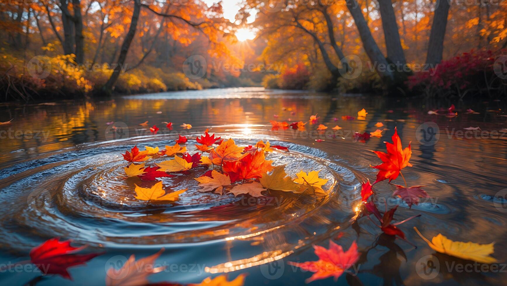 Autumn Leaves Floating on River Water with Forest Reflection Scenery photo