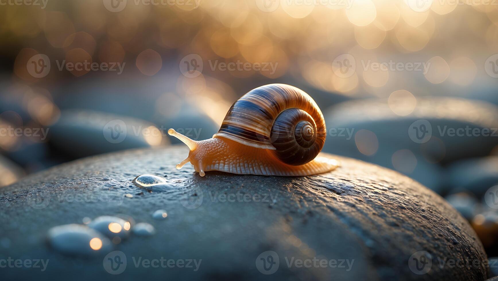 Snail Crawling on Stone with Bokeh Background in Natural Light photo