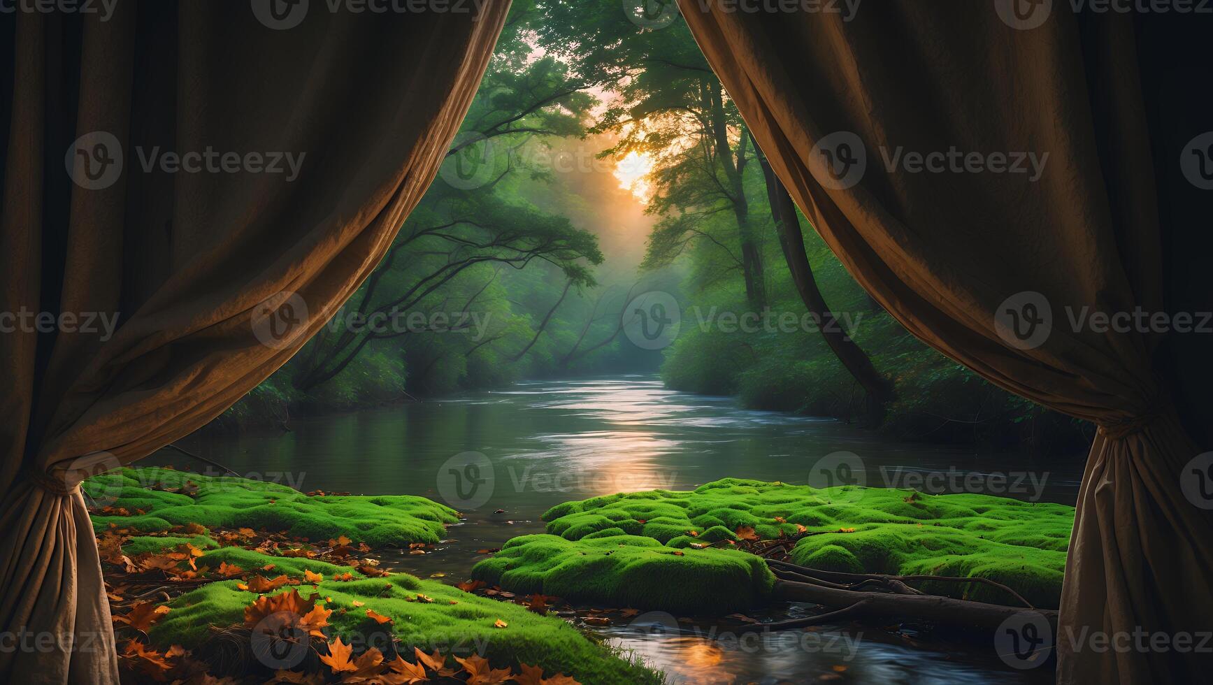 Viewing Forest River Through Curtains with Moss and Fallen Leaves photo