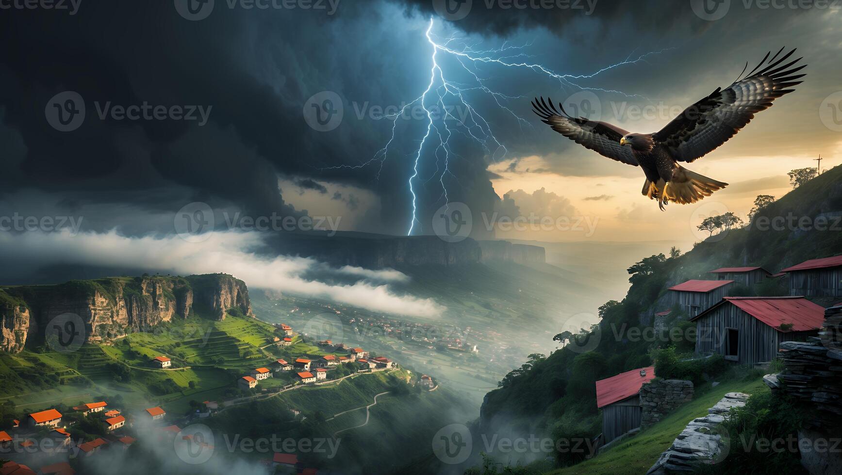 Eagle Flying Over Village During a Thunderstorm with Lightning Strikes photo