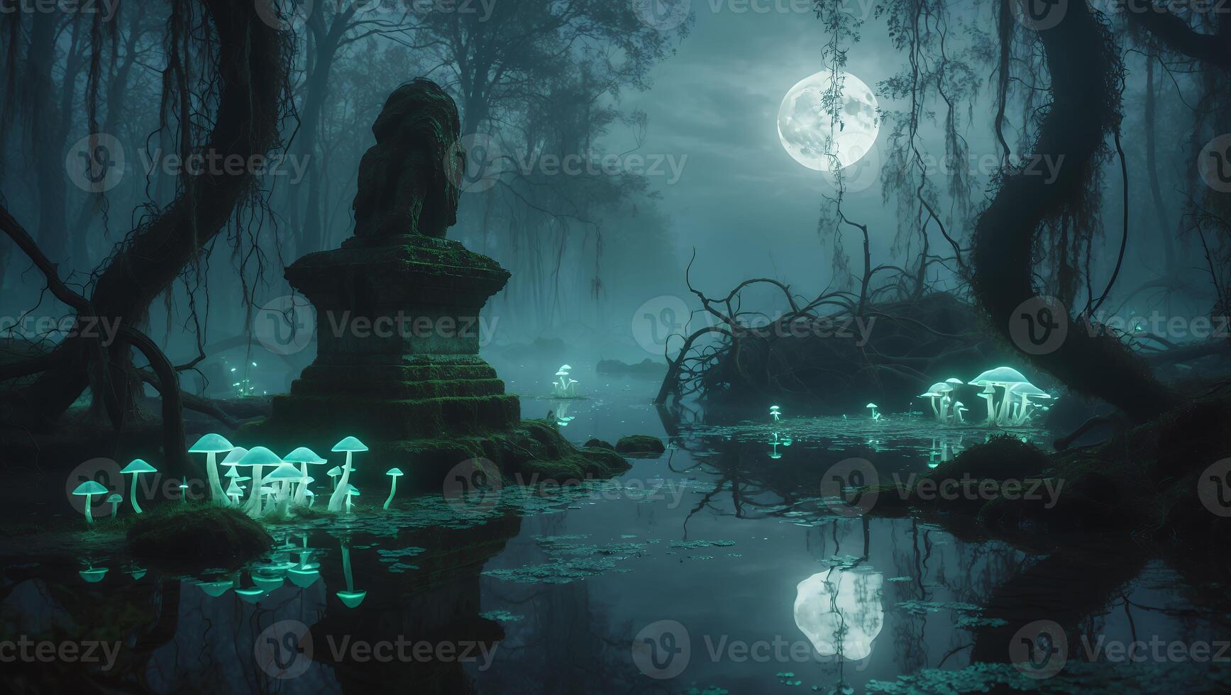 Glowing Mushrooms and Stone Structure Reflected in Water Under Moonlight photo