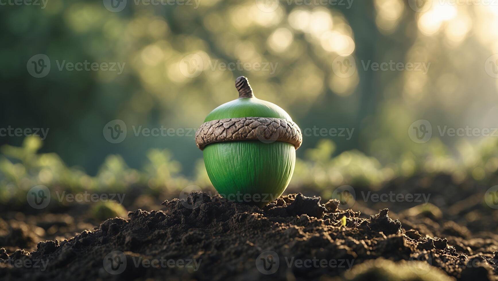Green Acorn Resting on Soil with a Bokeh Forest Backdrop photo
