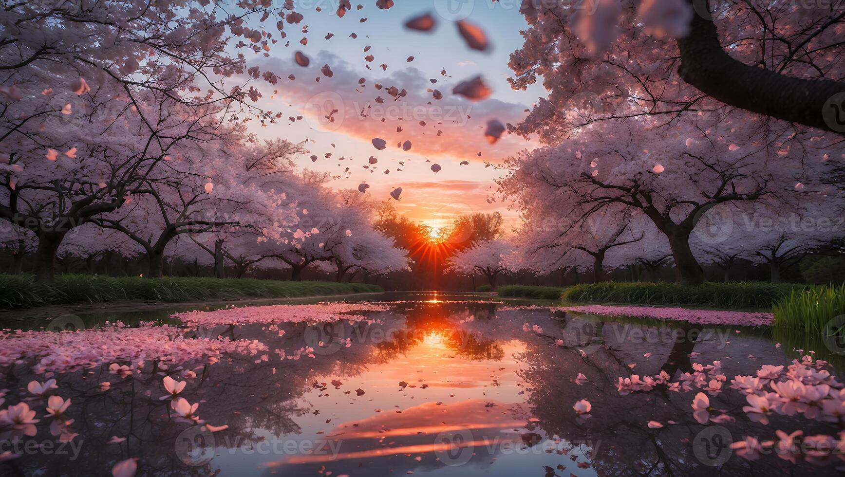 Blossom Trees Reflecting Sunset in Water with Falling Petals photo