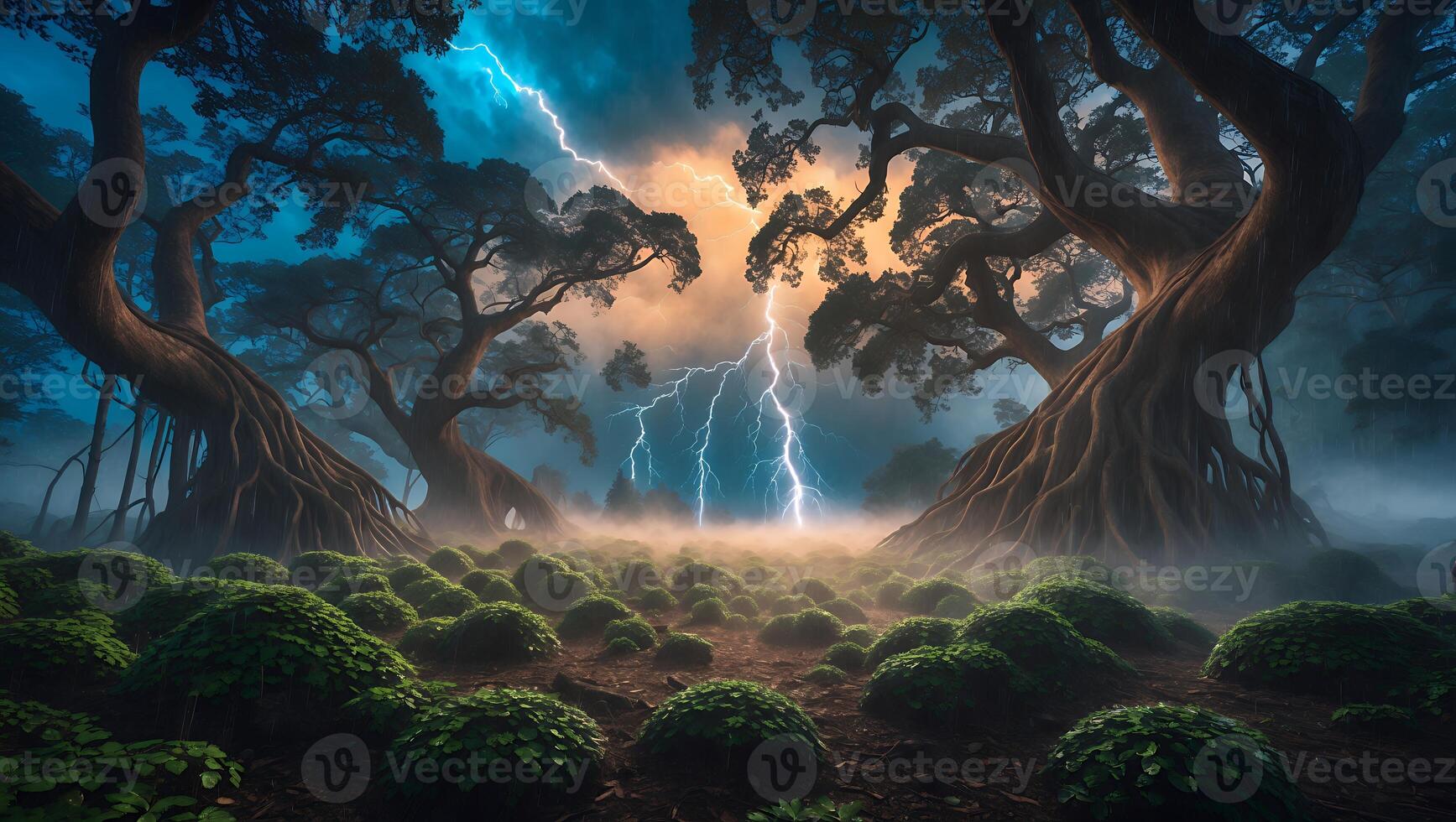 Dramatic Forest Lightning Strikes Through Ancient Trees and Overcast Sky photo