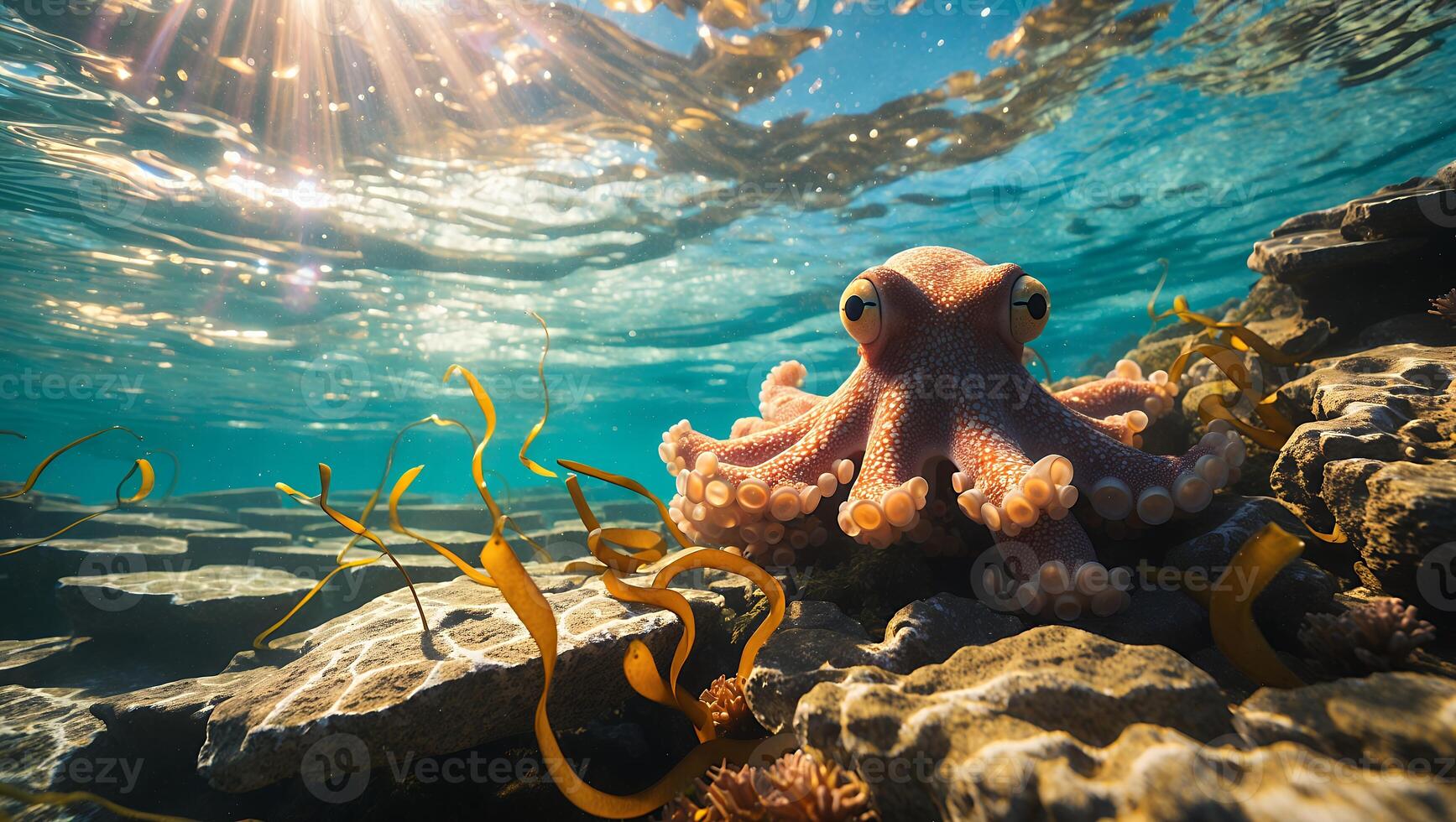 Octopus Resting Underwater Sunlight Filtering Through Water on Rock Bed photo