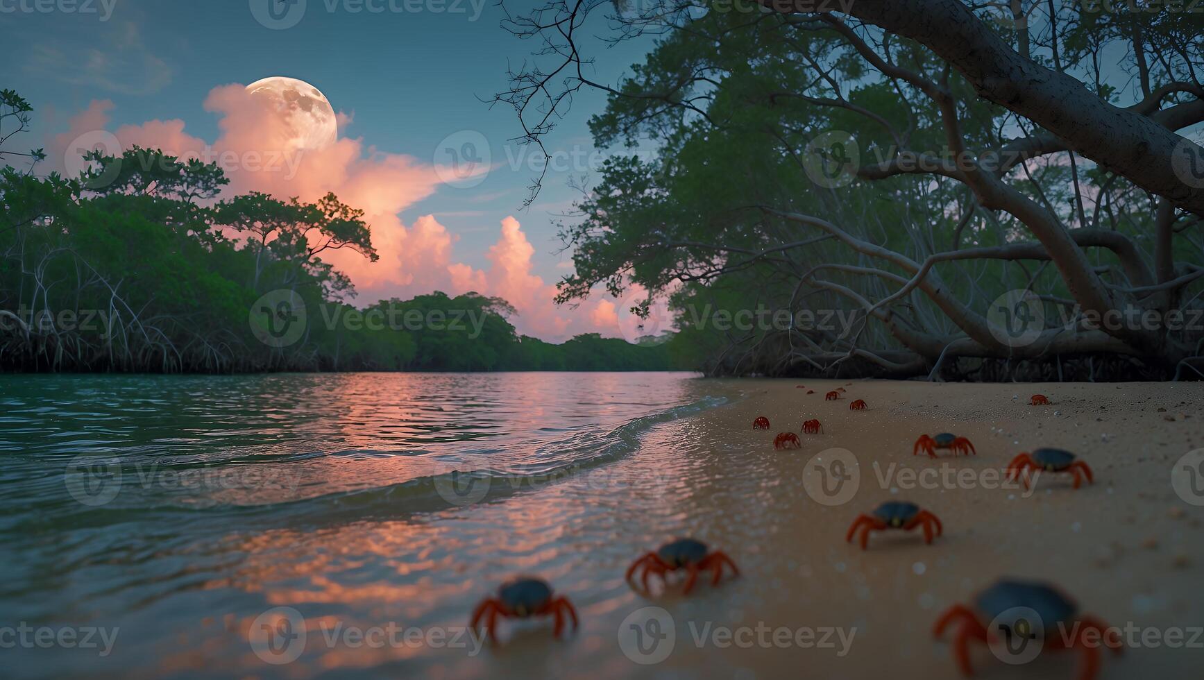 Crabs Walking Along Sandy Beach at Twilight Under Full Moon photo