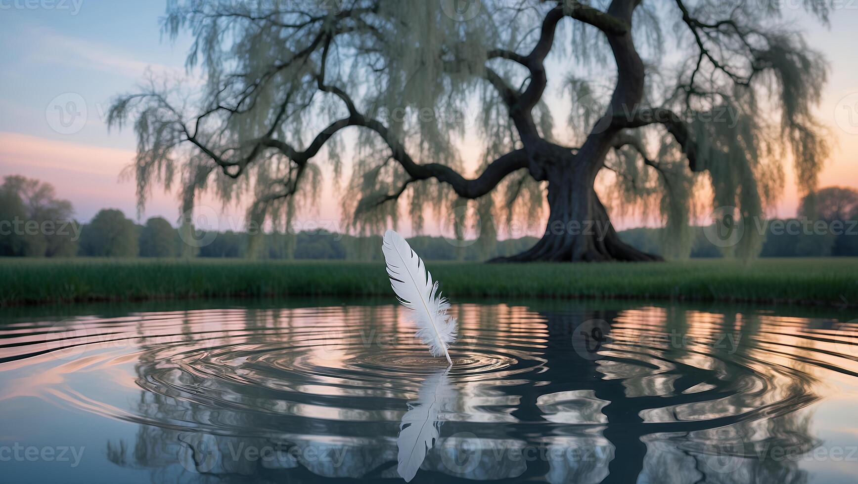 Feather Touching Water Surface with Ripples and Willow Tree Backdrop photo
